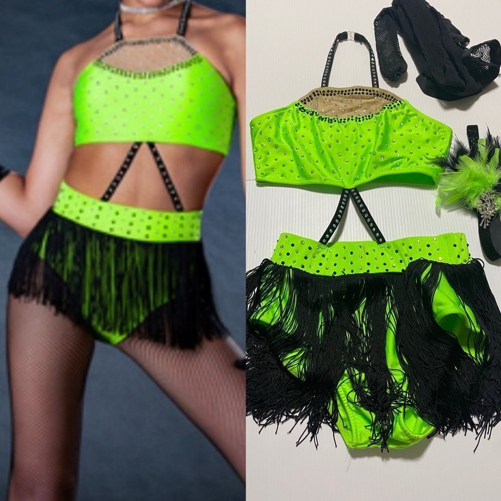 Glamour solo dance costume leotard neon green embellished rhinestoned SA adult